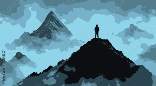 A man stands on a mountain peak, looking out over the vast expanse of mountains. The scene is serene and peaceful
