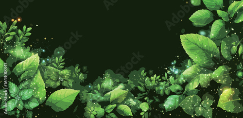 A green background with leaves and a bright green color. The leaves are illuminated with a glow. The background is dark and the leaves are the main focus of the image
