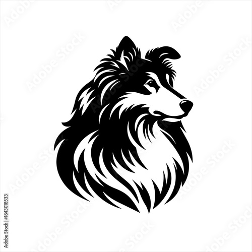 Black and white silhouette of a collie dog head
