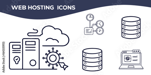 Vector art of web hosting icons set featuring server, cloud, technology, internet, and network elements