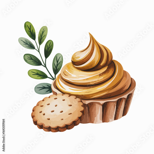 Watercolor cupcake with caramel frosting and a cookie with green leaves illustration for dessert menu or recipe book