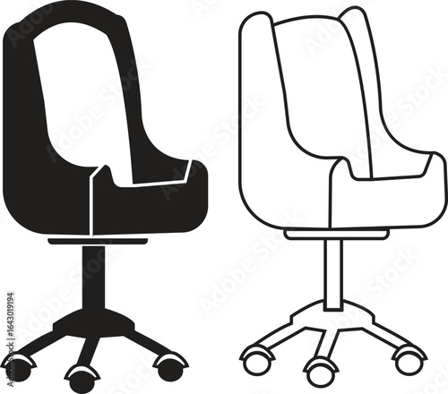 Office chair icons set black flat and outline styles vectors collection, ergonomic furniture bundle, swivel seat silhouette, adjustable backrest symbols, modern workplace seating illustration designs.