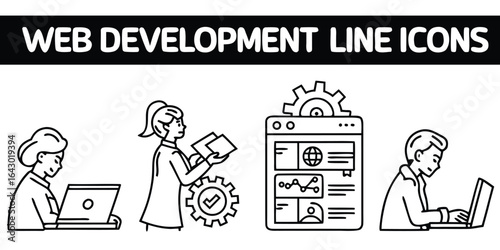 Vector art of web development line icons isolated on white background representing various aspects of website creation