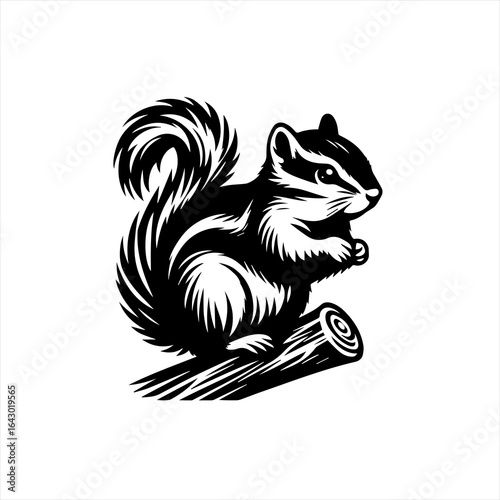Stylized black and white chipmunk sitting on a log