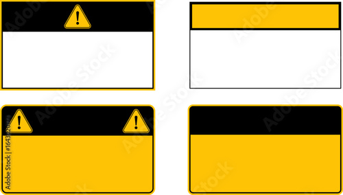 Warning caution danger vector signs. Attention sign, warning sign, caution sign, danger sign. Exclamation mark. Yellow warning caution sign text space area message box sticker label goods commodity.