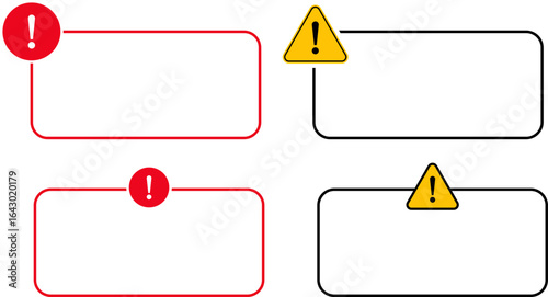 Warning caution danger vector signs. Attention sign, warning sign, caution sign, danger sign. Exclamation mark. Yellow warning caution sign text space area message box sticker label goods commodity.