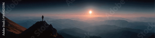 A person is standing on a mountain top at sunset. The sky is a beautiful mix of orange and blue hues, creating a serene and peaceful atmosphere. The person appears to be enjoying the view