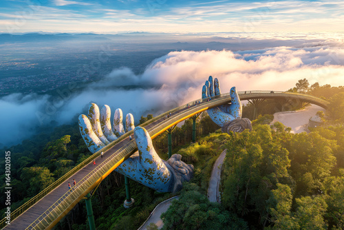 Golden Bridge of the Hand of God on mountain in Da Nang in Vietnam at sunrise on a summer morning. Landscape with a top aerial view from above on famous landmark in Asia