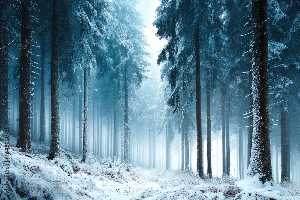 Naklejka premium Snowy, frosted forest path (1)