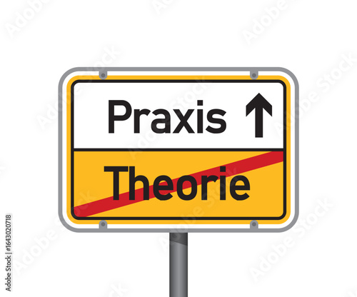 yellow traffic sign with german words practice and theory isolated vector illustration