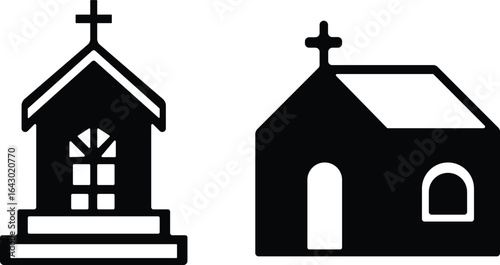 Church building icon set. A collection of flat black vector illustrations representing various church structures in a simple design.Stroke and perfect pixel isolated on transparent background.