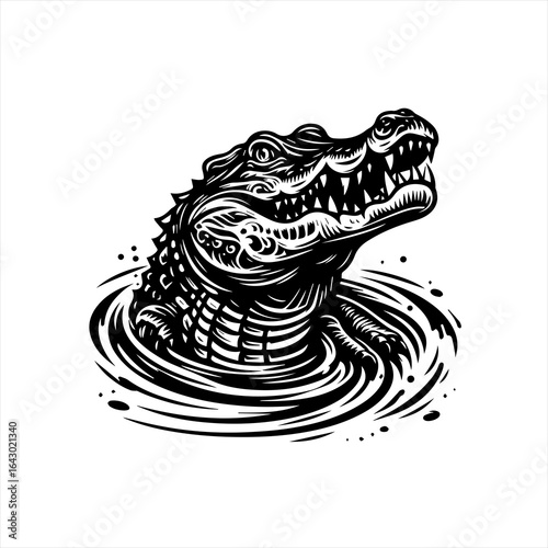 Stylized black and white alligator emerging from water