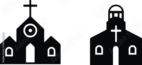 Church building icon set. A collection of flat black vector illustrations representing various church structures in a simple design.Stroke and perfect pixel isolated on transparent background.
