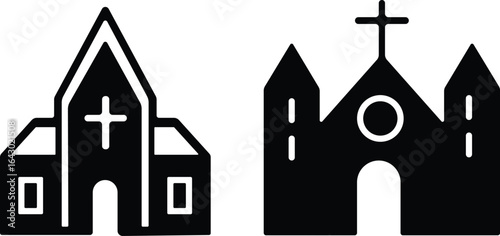 Church building icon set. A collection of flat black vector illustrations representing various church structures in a simple design.Stroke and perfect pixel isolated on transparent background.