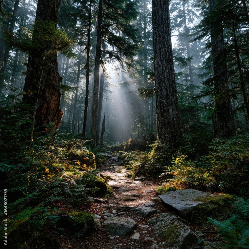 Obraz premium Sunbeams pierce a misty, moss-covered forest trail