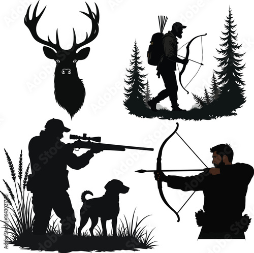 Hunting and fishing wildlife scene silhouettes
