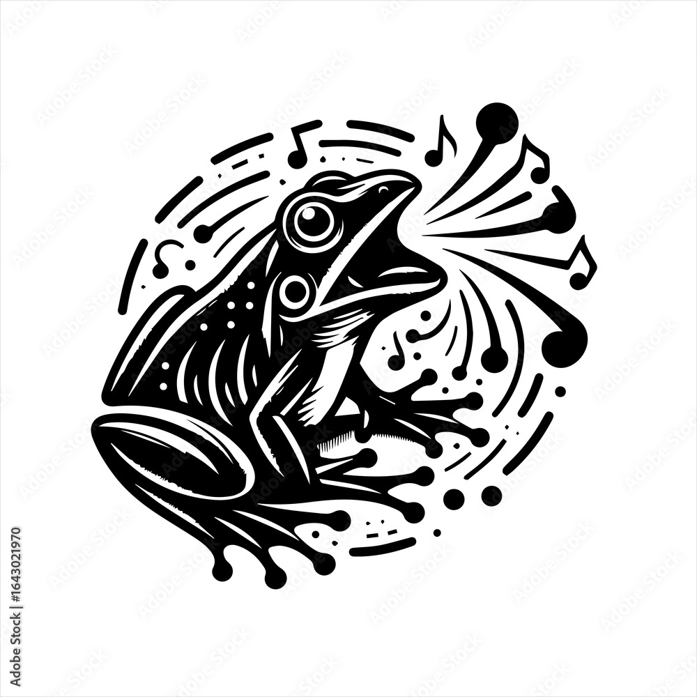 Obraz premium Stylized black and white illustration of a frog singing with musical notes