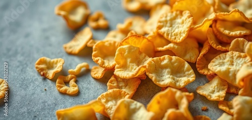 Close-up of crispy potato chips, scattered on a surface ,   salty snack,   potato chip texture