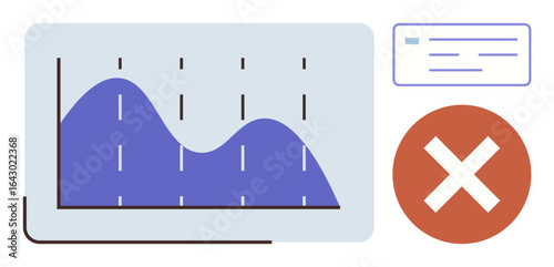 Wavy data line graph, file document icon, and red error mark. Ideal for analytics, error detection, data loss, workflow issues, rejection mismanagement failure concept. Minimal flat metaphor