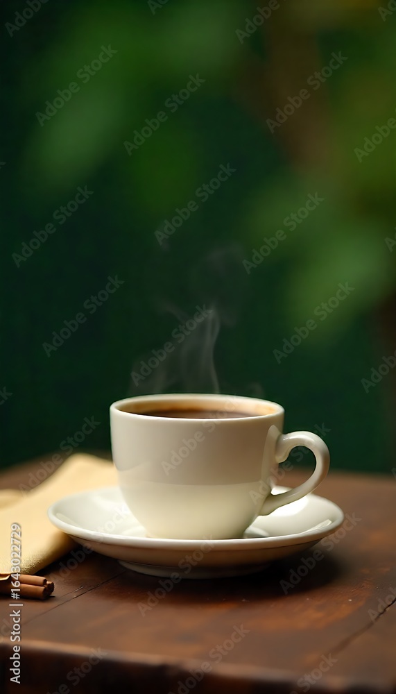 Fototapeta premium Generative AI image: A steaming cup of coffee on a wooden table in a tranquil outdoor setting