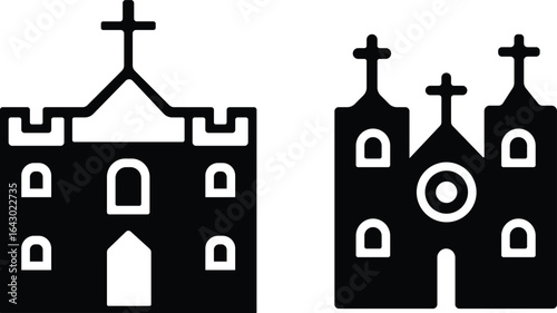 Church building icon set. A collection of flat black vector illustrations representing various church structures in a simple design.Stroke and perfect pixel isolated on transparent background.