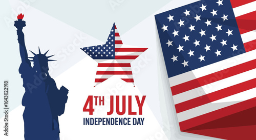 A flat illustration of American patriotism with a large USA flag and a star, accompanied by the silhouette of the Statue of Liberty, celebrating the 4th of July Independence Day