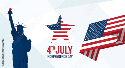 A flat illustration of American patriotism with a large USA flag and a star, accompanied by the silhouette of the Statue of Liberty, celebrating the 4th of July Independence Day