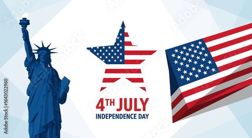 A flat illustration of American patriotism with a large USA flag and a star, accompanied by the silhouette of the Statue of Liberty, celebrating the 4th of July Independence Day