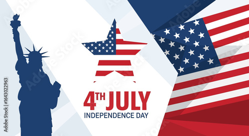 A flat illustration of American patriotism with a large USA flag and a star, accompanied by the silhouette of the Statue of Liberty, celebrating the 4th of July Independence Day