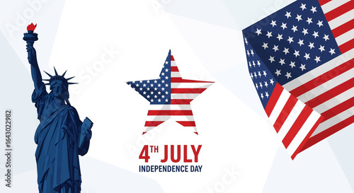 A flat illustration of American patriotism with a large USA flag and a star, accompanied by the silhouette of the Statue of Liberty, celebrating the 4th of July Independence Day