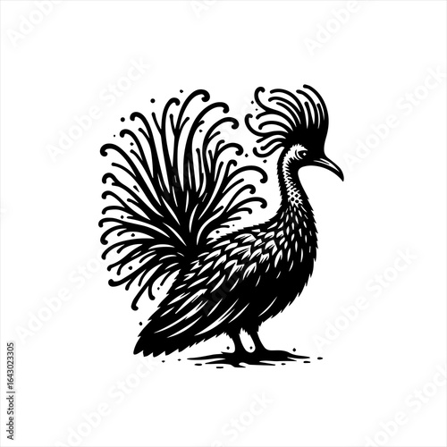 Stylized black silhouette of a bird with elaborate tail feathers and crest