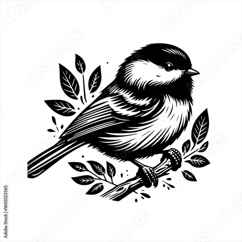 Black and white illustration of a small bird perched on a branch with leaves