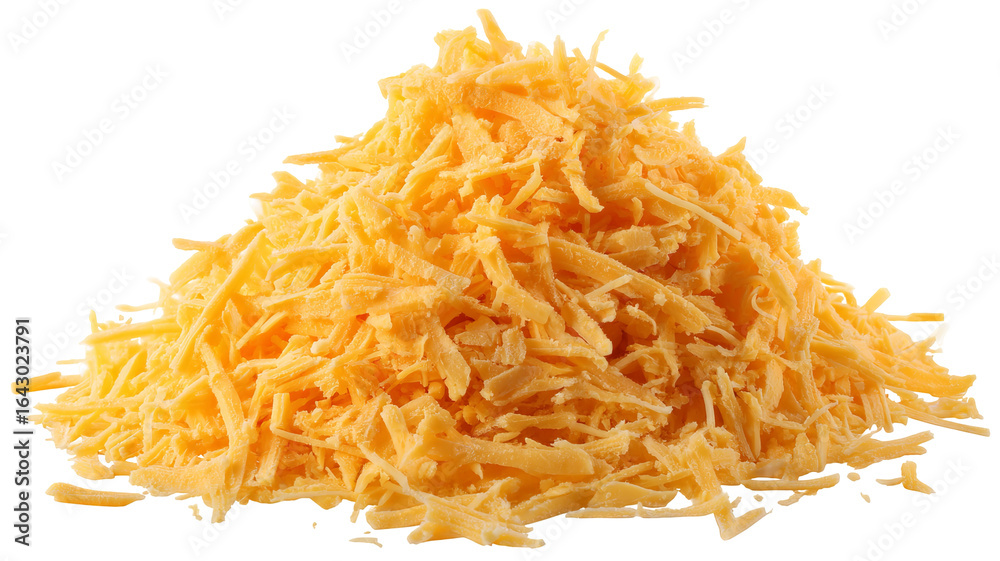 Fototapeta premium Grated cheddar cheese PNG cutout — high-resolution shredded cheese isolated on transparent background for food packaging mockups, menu design, e-commerce product listings, and recipe graphics