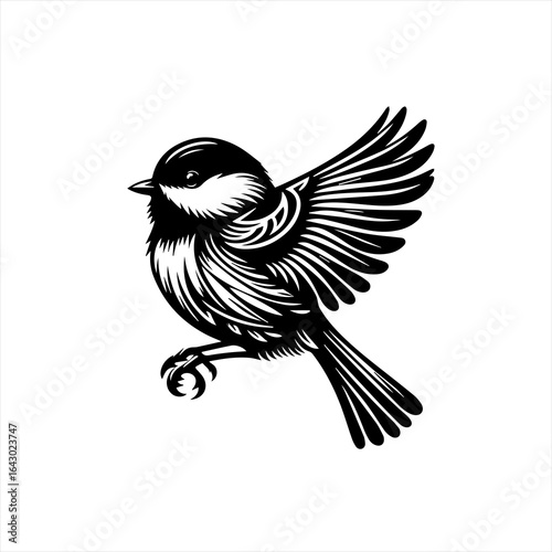 Black and white stylized illustration of a chickadee bird in flight