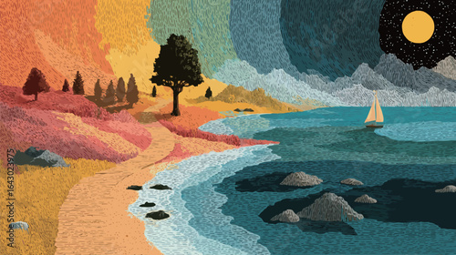 A colorful painting of a beach with a sailboat in the water. The painting is a mix of different colors and textures, giving it a dreamy and serene atmosphere