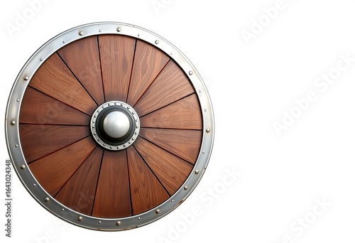 Round wooden Viking shield with metal rim  isolated on white   stock photo   heritage