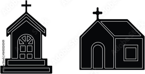 Church building icon set. A collection of flat black vector illustrations representing various church structures in a simple design.Stroke and perfect pixel isolated on transparent background.