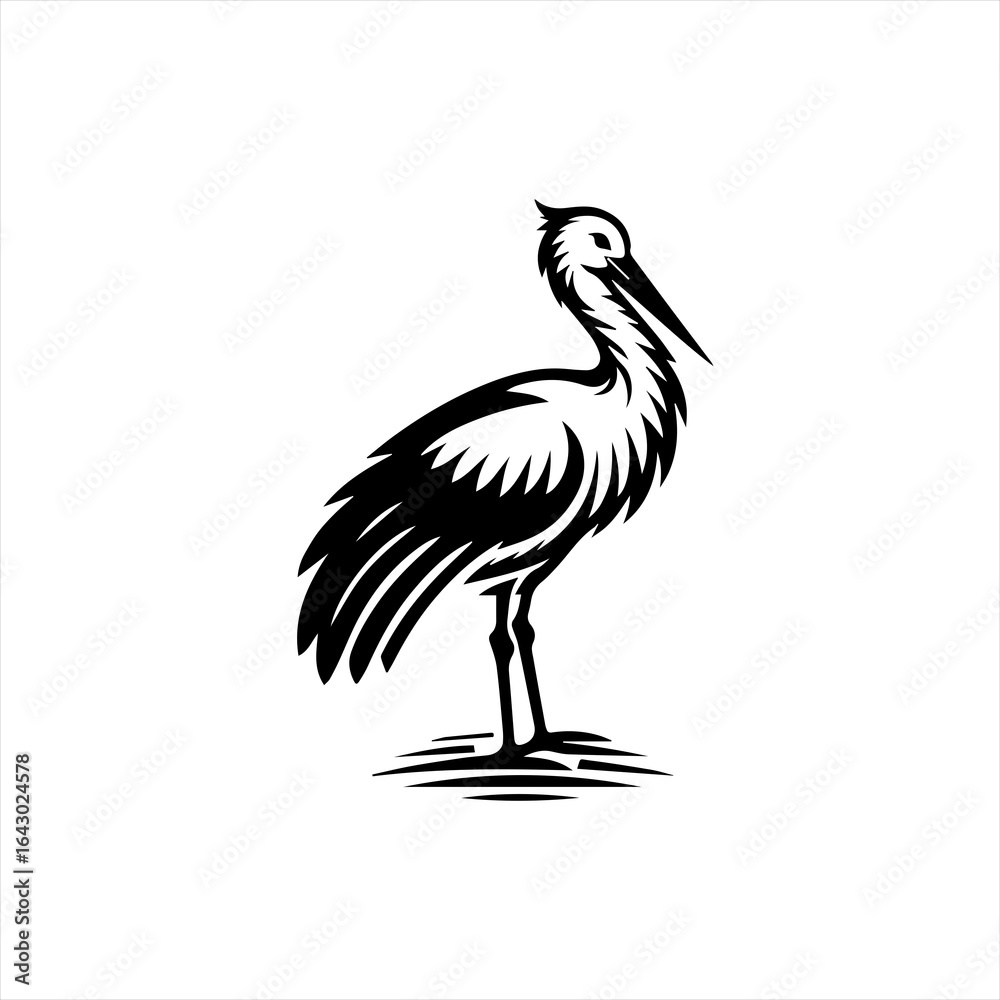 Fototapeta premium Stylized black and white stork silhouette logo design