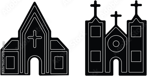 Church building icon set. A collection of flat black vector illustrations representing various church structures in a simple design.Stroke and perfect pixel isolated on transparent background.