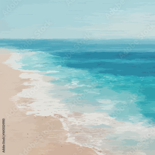 A beautiful blue ocean with a sandy beach. The waves are crashing against the shore, creating a calming and serene atmosphere. The water appears to be calm and inviting