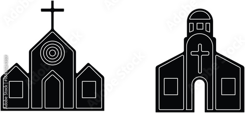 Church building icon set. A collection of flat black vector illustrations representing various church structures in a simple design.Stroke and perfect pixel isolated on transparent background.