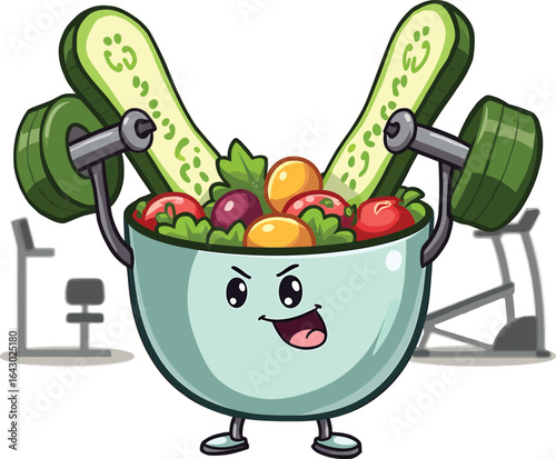 Healthy salad bowl with cucumber cartoon