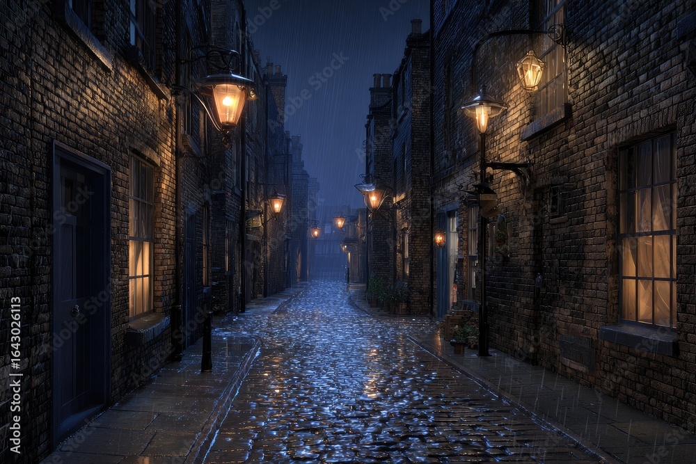 Obraz premium Rainy night in a narrow, historic alley