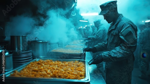 Soldiers Preparing Food in Military Mess Hall with Steam and Fog