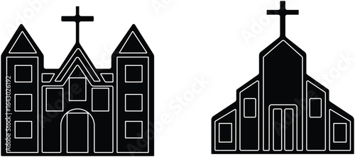 Church building icon set. A collection of flat black vector illustrations representing various church structures in a simple design.Stroke and perfect pixel isolated on transparent background.