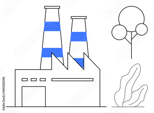 Industrial facility with two tall smokestacks, geometric tree, and plant-shaped greenery. Ideal for environment, sustainability, industry, eco-awareness, pollution, energy simple landing page