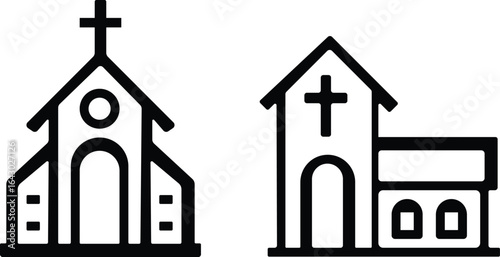 Church building icon set. A collection of flat black vector illustrations representing various church structures in a simple design.Stroke and perfect pixel isolated on transparent background.