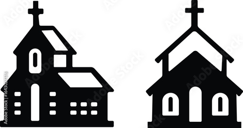 Church building icon set. A collection of flat black vector illustrations representing various church structures in a simple design.Stroke and perfect pixel isolated on transparent background.