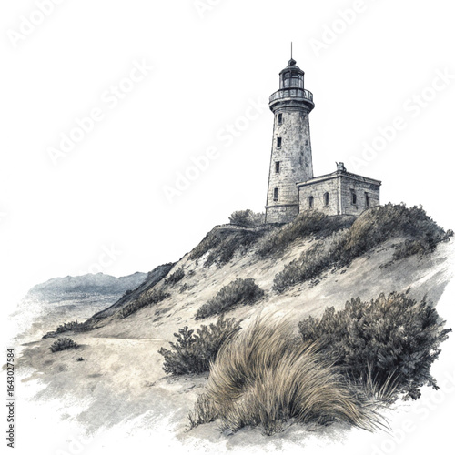Majestic stone lighthouse stands sentinel atop a windswept coastal dune overlooking the sea