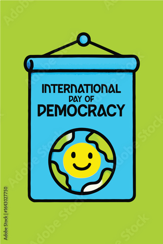 International Day of Democracy: Illustration of the International Day of Democracy with a cheerful globe and a check mark symbolizing global democratic participation